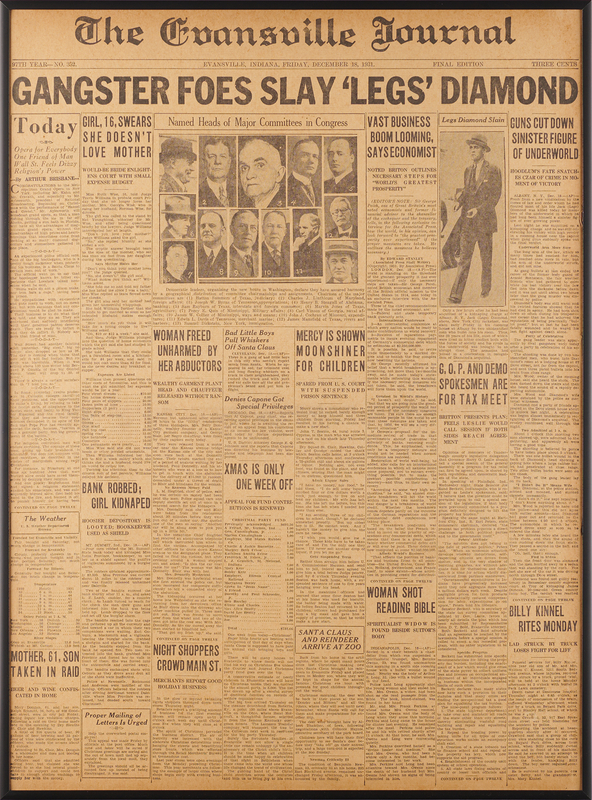 Lot 376 Jack 'Legs' Diamond: Front Page of the Evansville Journal, December 18, 1931 - 