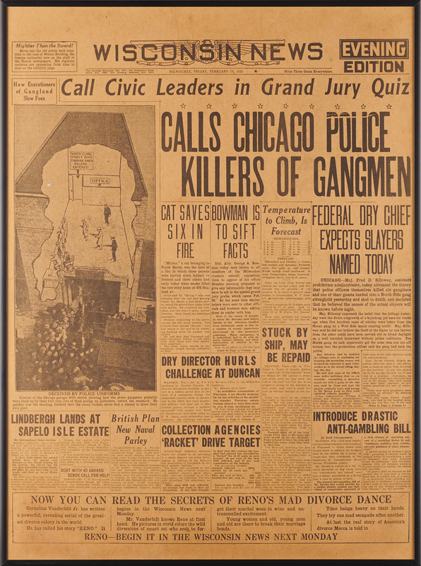 Lot 400 St. Valentine's Day Massacre: Front Page of the Wisconsin News, February 15, 1929 - 