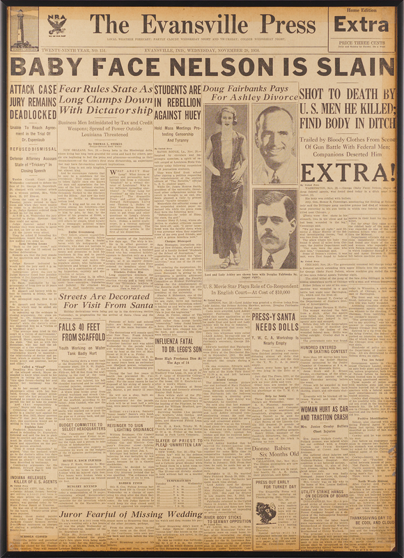 Lot 410 Baby Face Nelson: Front Page of the Evansville Press, November 28, 1934 - 