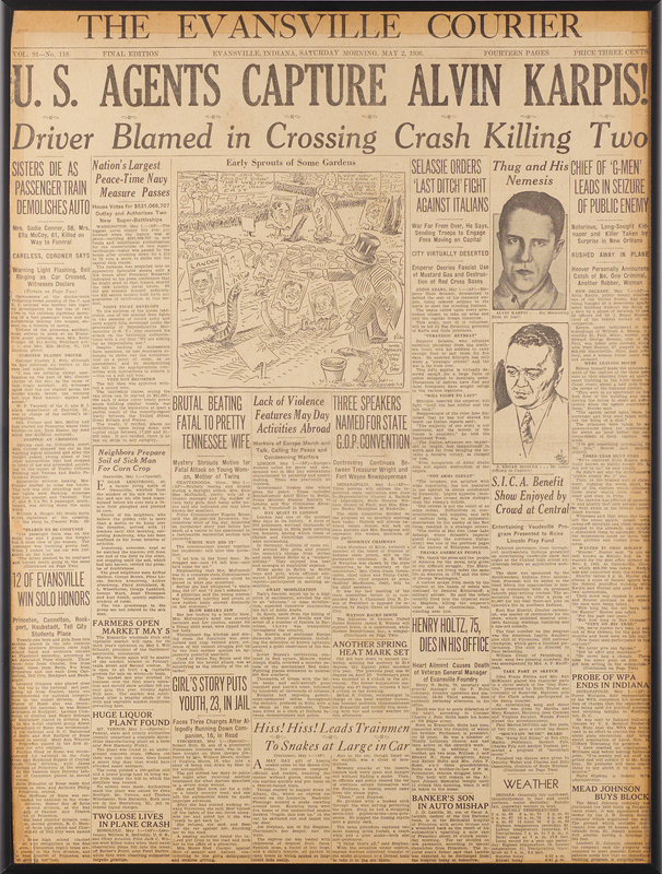 Lot 406 Alvin Karpis: Front Page of the Evansville Courier, May 2, 1936 - 