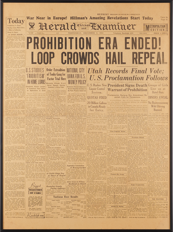 Lot 388 Prohibition: Front Page of the Chicago Herald and Examiner, December 6, 1933 - 