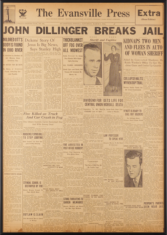 Lot 426 John Dillinger: Front Page of the Evansville Press, March 3, 1934 - 