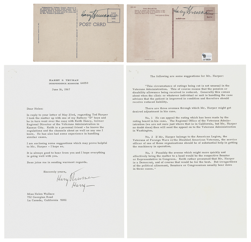 Lot 71 Harry S. Truman (3) Signed Items - Typed Letter and Postcards