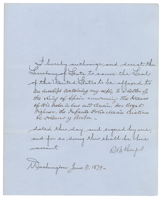 Lot 46 Rutherford B. Hayes Document Signed as President, Sending a Letter to the King of Spain