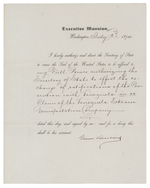 Lot 51 Grover Cleveland Document Signed as President, Exchanging Ratifications of a 