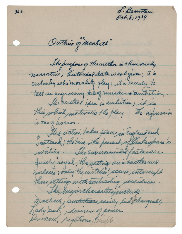 Lot 557 Leonard Bernstein Autograph Manuscript Signed - Schoolwork on Shakespeare's Macbeth, 