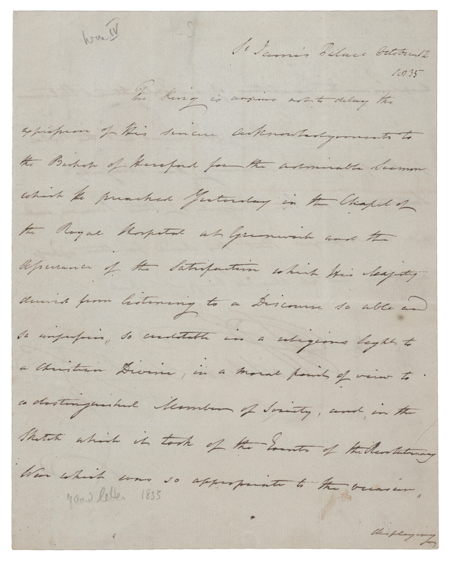 Lot 197 King William IV Letter Signed, Congratulating the Bishop of Hereford on an 