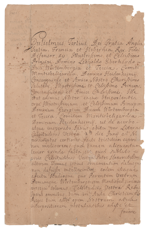 Lot 196 King William III Letter Signed, Offering Condolences on the Death of George II, Duke of Württemberg-Montbéliard