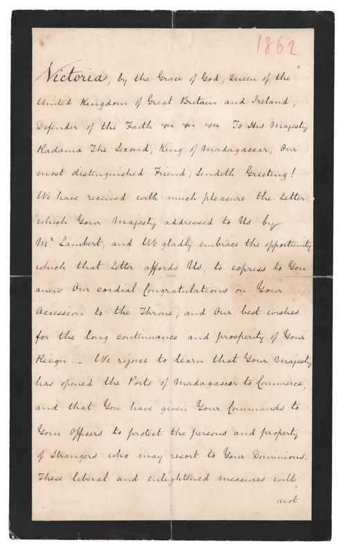 Lot 213 Queen Victoria Letter Signed to the King of Madagascar: 