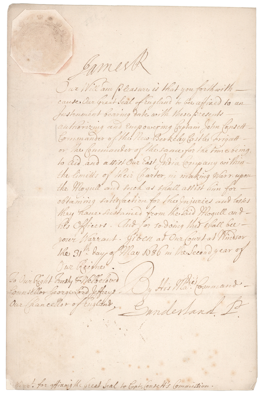 Lot 192 King James II Document Signed, Authorizing Naval Action in the Anglo-Mughal War