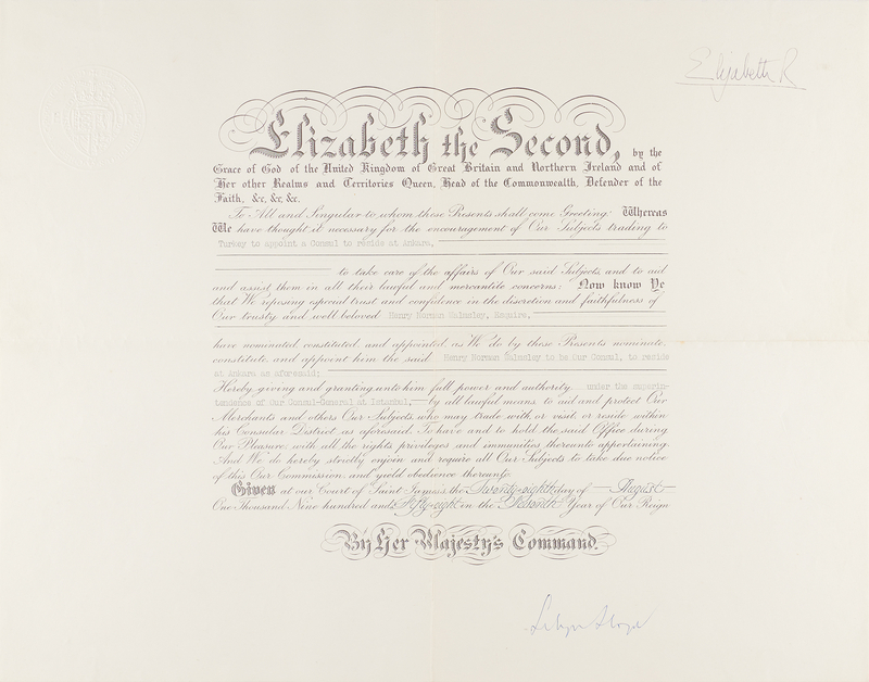 Lot 211 Queen Elizabeth II Document Signed, Appointing a Consul at Ankara, Turkey