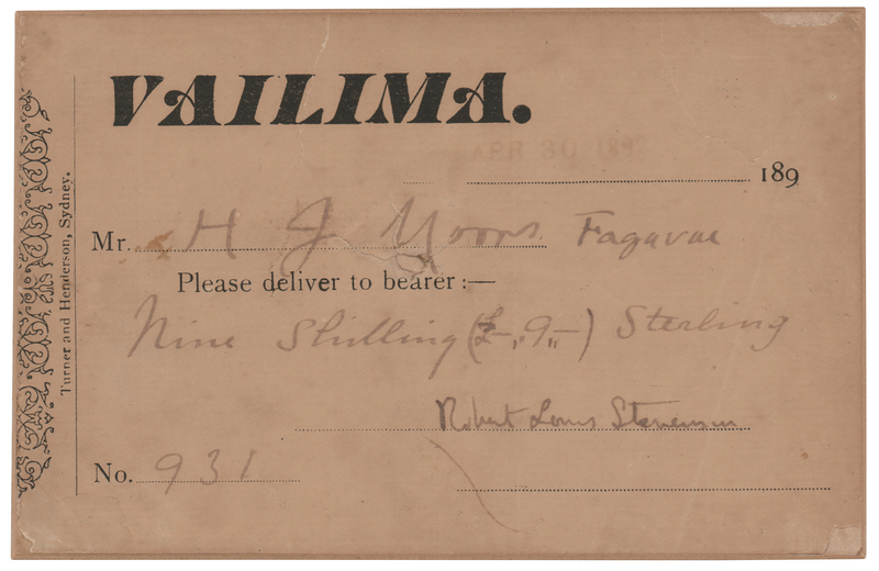 Lot 545 Robert Louis Stevenson Signed Financial Order from Vailima, Samoa (1892)