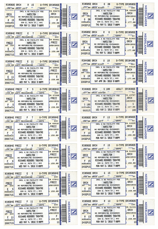 Lot 705 Hamilton Collection of (16) Complete Tickets From the Original Broadway Production - Richard Rodgers Theatre, May 4, 2016
