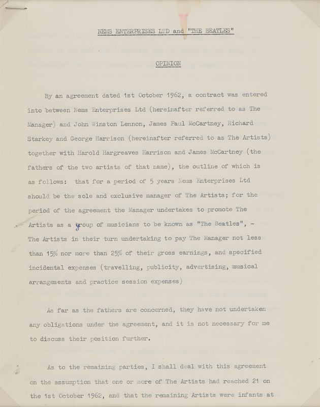Lot 572 Beatles and NEMS Enterprises 'Opinion' Document (1963) - From the Estate of Brian Epstein