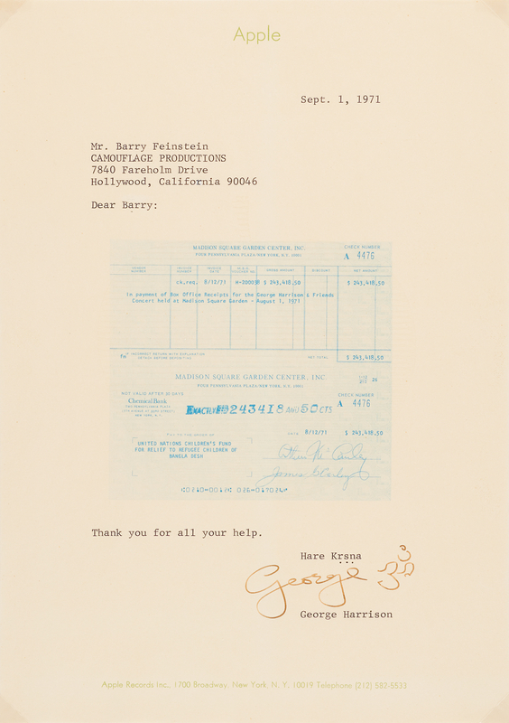 Lot 576 Beatles: George Harrison Typed Letter Signed on Funds Raised by The Concert for Bangladesh to Photographer Barry Feinstein