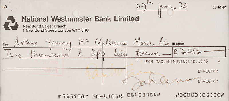 Lot 625 John Lennon and Paul McCartney Signed Post-Breakup 'Maclen Music Ltd.' Check (June 27, 1975)