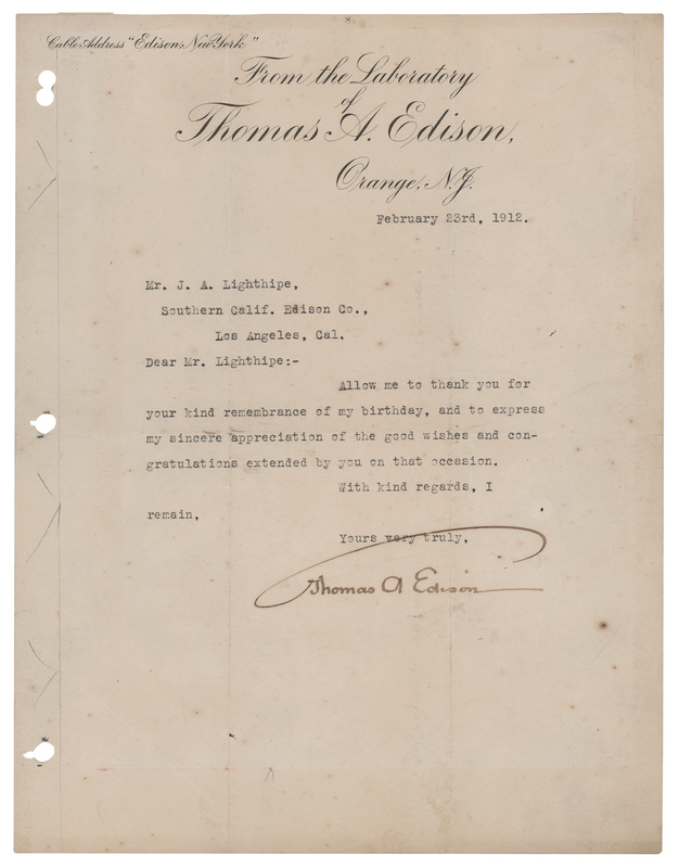 Lot 273 Thomas Edison Typed Letter Signed, Thanking a Southern California Edison Engineer for 65th Birthday Wishes
