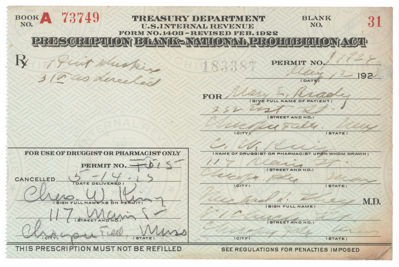 Lot 386 Prohibition: 1923 Liquor Prescription for Whiskey