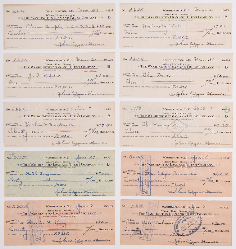 Lot 434 J. Edgar Hoover Collection of (10) Signed Checks
