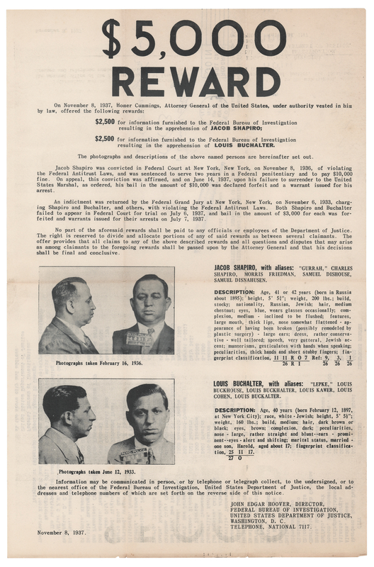 Lot 380 Louis 'Lepke' Buchalter and Jacob Shapiro 1937 FBI $5,000 Reward Poster (10.5˝ x 16˝)