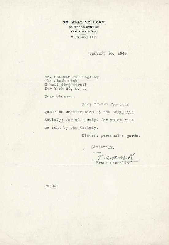Lot 431 Frank Costello Typed Letter Signed to Stork Club Owner Sherman Billingsley (1949)