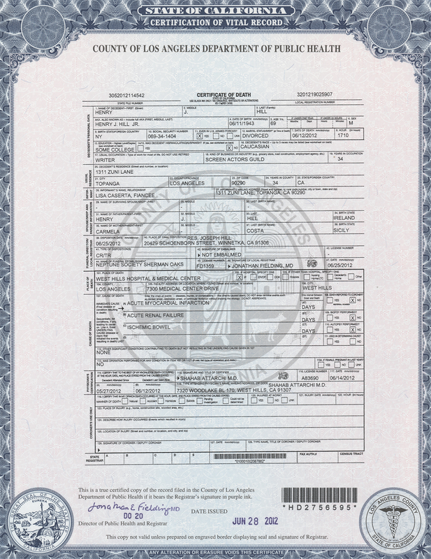 Lot 449 Henry Hill California Death Certificate (2012)
