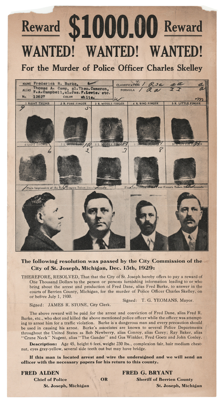 Lot 372 Fred Burke Original 1929 $1,000 Reward Wanted Poster for the Murder of Police Officer Charles Skelley (8.25˝ x 15.5˝)