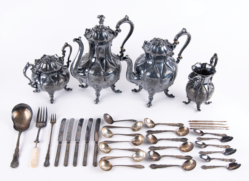 Lot 360 Al Capone's Reed & Barton Four-Piece Silverplate Tea and Coffee Service with (31) Associated Flatware and Serving Pieces