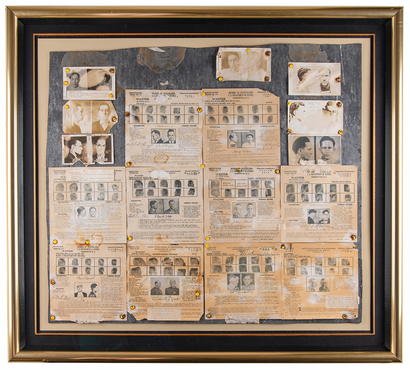 Lot 414 Depression-Era Police Bulletin Board with (10) Bureau of Investigation Wanted Circulars for John Dillinger, Clyde Barrow, Baby Face Nelson, and Other Public Enemies