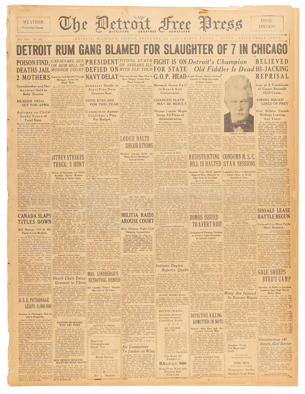 Lot 396 Saint Valentine's Day Massacre: The Detroit Free Press Newspaper (February 15, 1929) - “Detroit Rum Gang Blamed for Slaughter of 7 in Chicago”