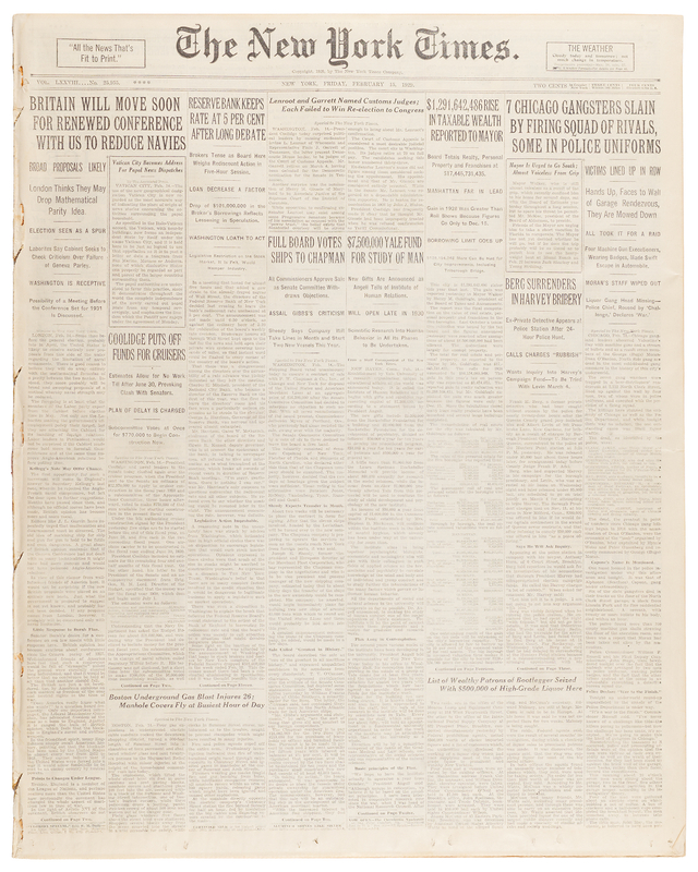 Lot 397 Saint Valentine's Day Massacre: The New York Times Newspaper (February 15, 1929) - “7 Chicago Gangsters Slain by Firing Squad of Rivals, Some in Police Uniforms”