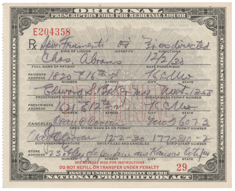 Lot 387 Prohibition: 1930 Liquor Prescription for Whiskey