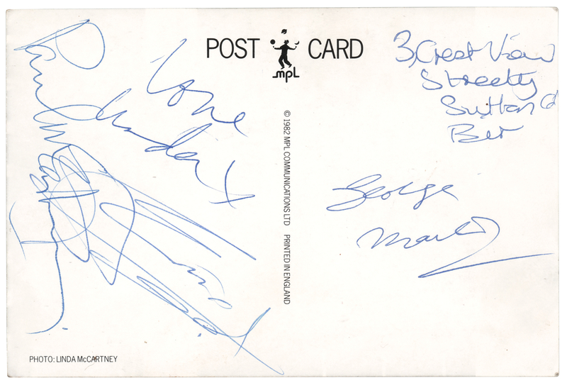 Lot 586 Beatles: Paul and Linda McCartney, George Martin, and Eric Stewart Signed MPL Postcard from the 'Take It Away' Video Shoot
