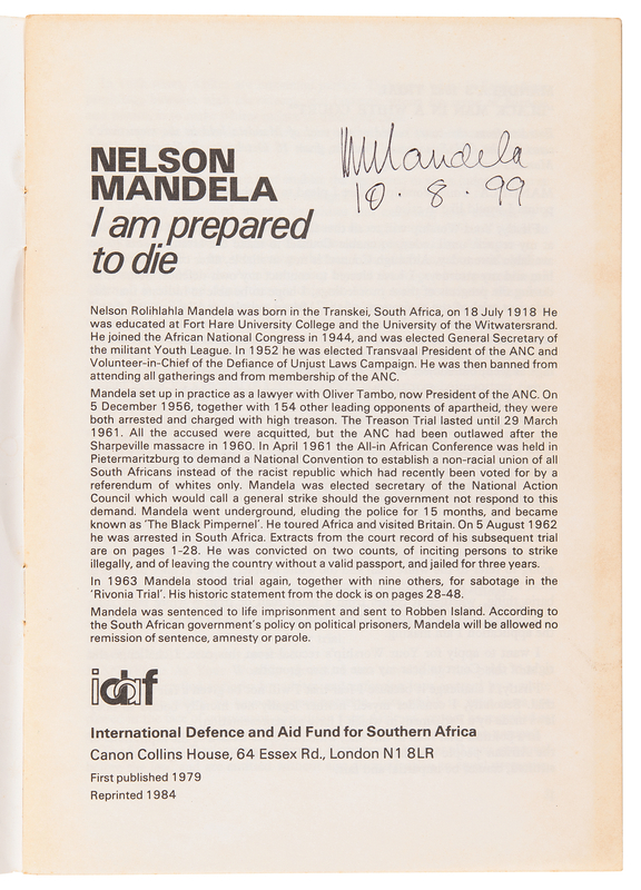 Lot 245 Nelson Mandela Signed Booklet - I Am Prepared to Die
