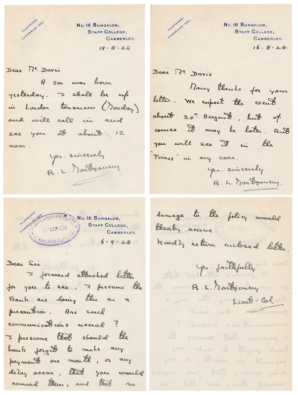 Lot 478 Montgomery of Alamein (4) Autograph Letters Signed to the Phoenix Assurance Company, Regarding the Birth of His Only Son (1928)