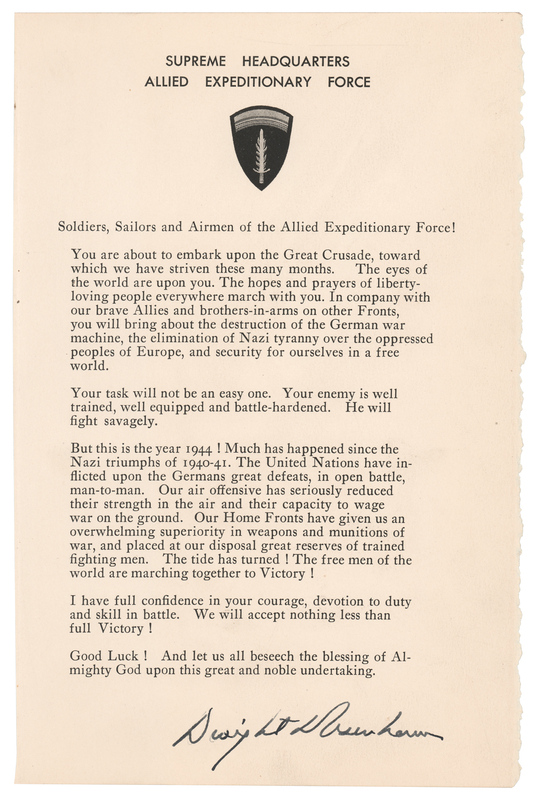 Lot 73 Dwight D. Eisenhower Signed 'D-Day' Order from 'Crusade in Europe'