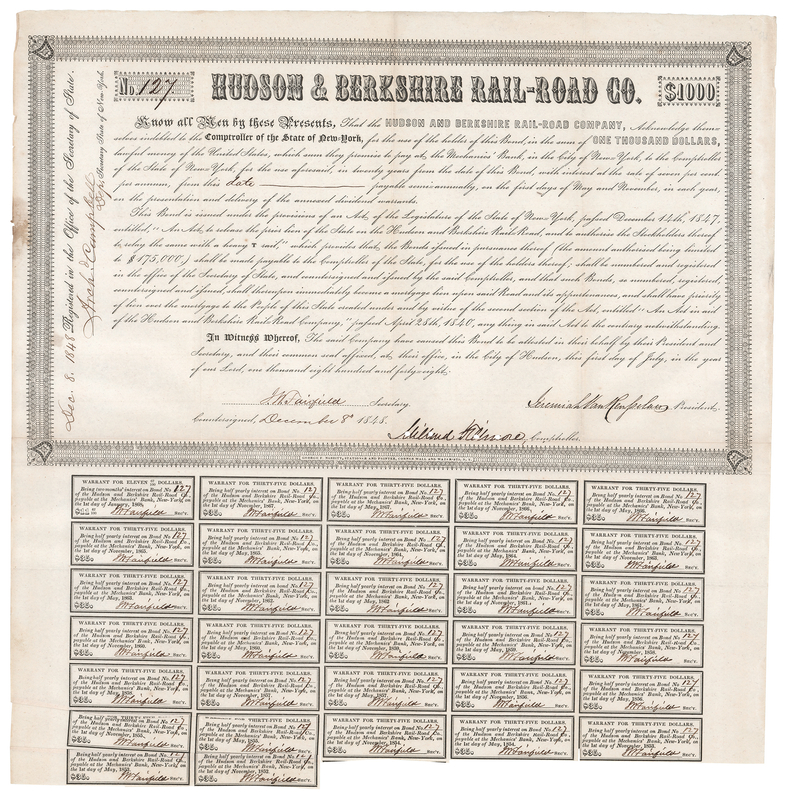 Lot 19 Millard Fillmore Document Signed - Bond of the Hudson & Berkshire Rail-Road Co.