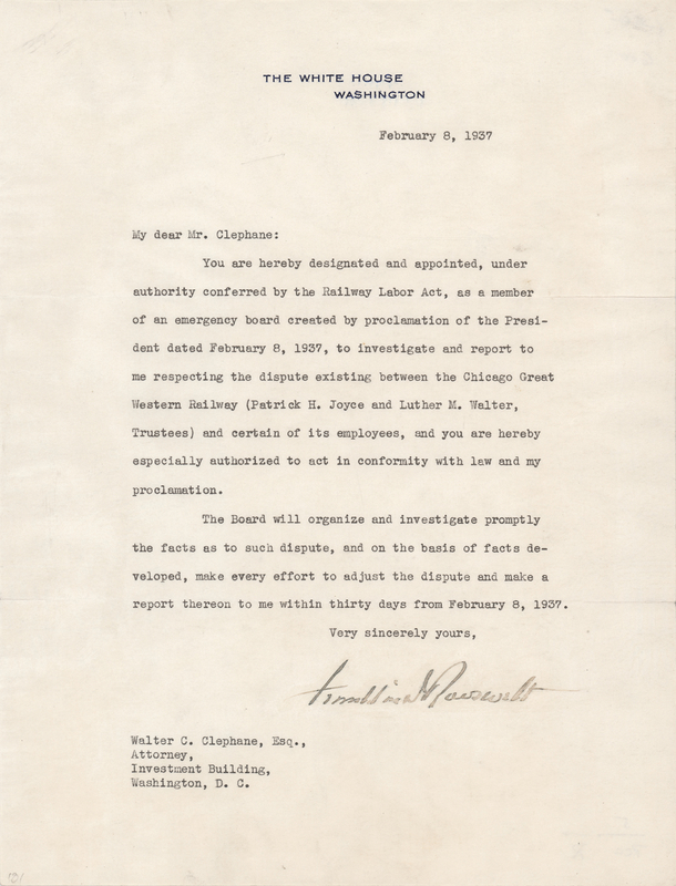 Lot 67 Franklin D. Roosevelt Typed Letter Signed as President, Appointing an Emergency Board under 