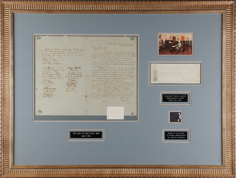 Lot 470 Robert E. Lee Appomattox Surrender Display with Contemporary Manuscript Copy of General Order No. 9, Parole Pass, Signature, and Hair