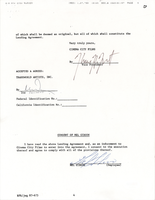 Lot 703 Mel Gibson Document Signed for Tequila Sunrise