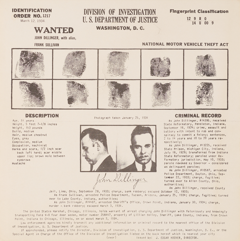Lot 421 John Dillinger Department of Justice Wanted Poster (March 12, 1934)