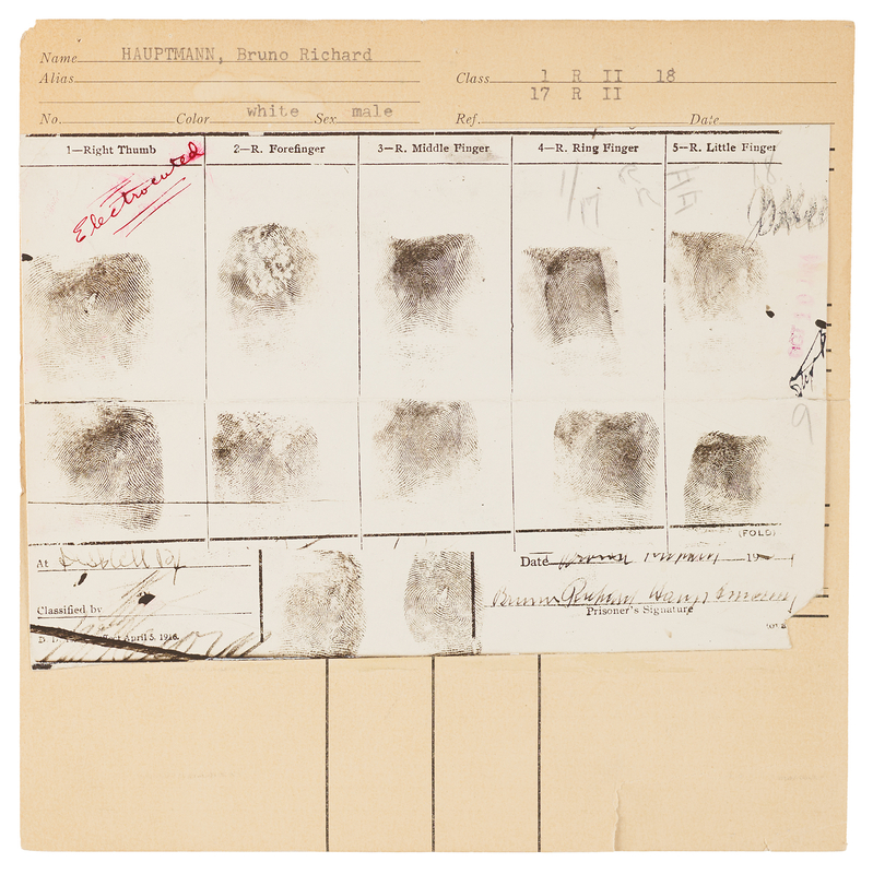 Lot 427 Lindbergh Kidnapping: Bruno Richard Hauptmann Original Photostat Fingerprint Sheet and Westchester County Arrest Record