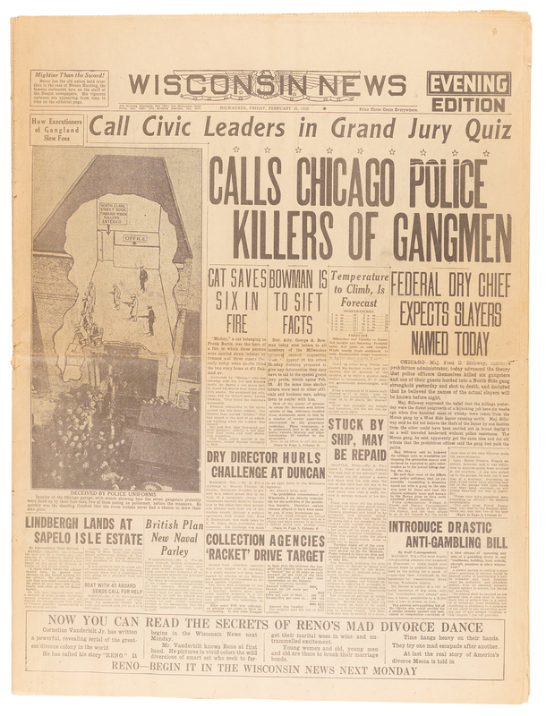 Lot 398 Saint Valentine's Day Massacre: Wisconsin News Newspaper (February 15, 1929) - 