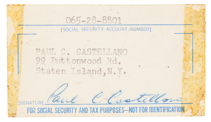 Lot 453 Paul Castellano Signed Social Security Card, with His Ferro Foods Money Clip