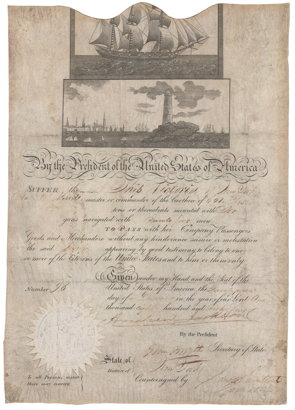 Lot 11 Andrew Jackson Document Signed as President - Scalloped-Top Passport Issued to the Ship Victoria