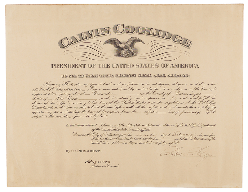 Lot 64 Calvin Coolidge Document Signed as President, Appointing a Postmaster