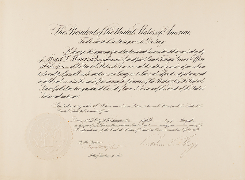 Lot 63 Calvin Coolidge Document Signed as President, Appointing a Foreign Service Officer