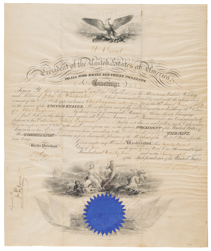 Lot 44 U. S. Grant Document Signed as President, Appointing a Chief Engineer in the Navy