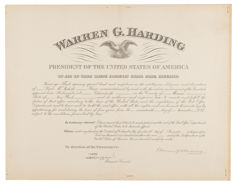 Lot 62 Warren G. Harding Document Signed as President, Appointing a Postmaster