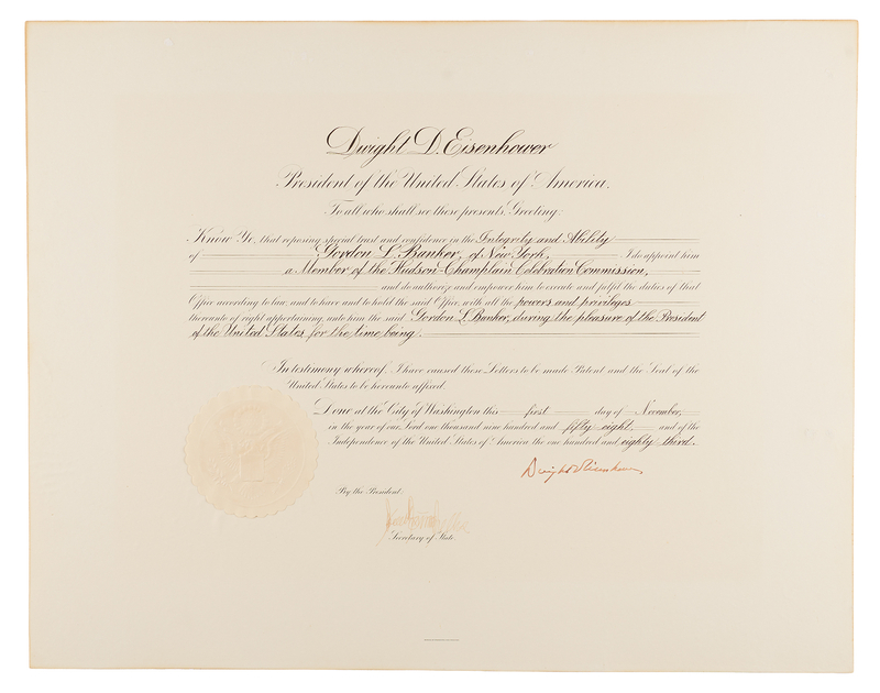 Lot 75 Dwight D. Eisenhower Document Signed as President, Appointing a Member of the Hudson-Champlain Celebration Commission